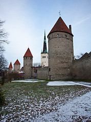 Image showing Four towers of town wall of Tallinn