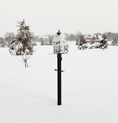 Image showing Lamp post deep in snow