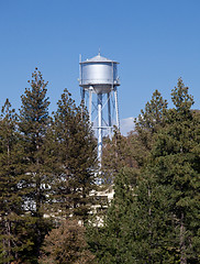 Image showing Water tower peeps above tree line