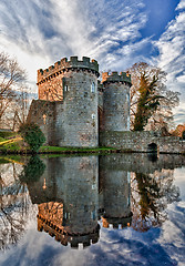 Image showing Whittington Castle in Shropshire reflecting on moat