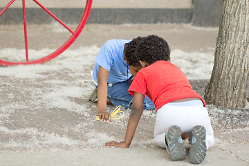 Image showing Two young boys looking at  flower seed heads on the ground