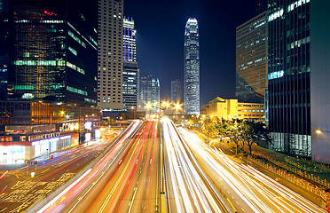 Image showing Colorful city night with lights of cars motion blurred in hong k