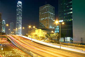 Image showing Colorful city night with lights of cars motion blurred in hong k