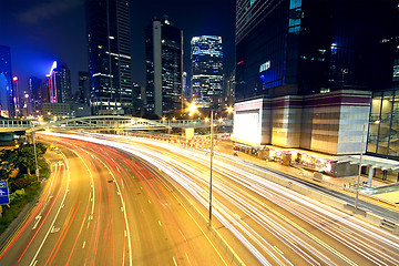 Image showing Colorful city night with lights of cars motion blurred in hong k