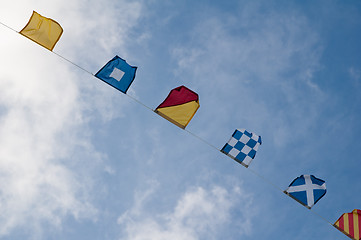 Image showing Alarm ship tags .sea ship flags and blue sky