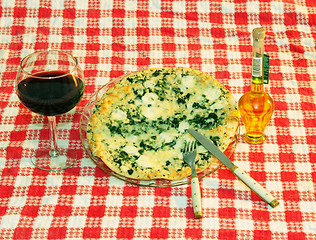 Image showing pizza, wine, olive oil