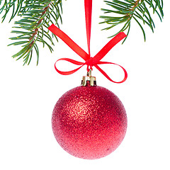 Image showing red christmas ball hanging from tree