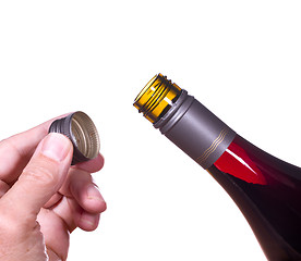 Image showing Red wine bottle opened screw top