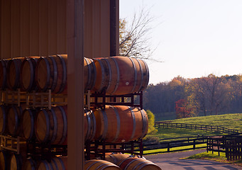 Image showing Wine barrels stacked in winery