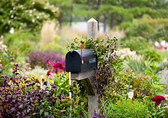 Image showing US mailbox with flag raised in flowers