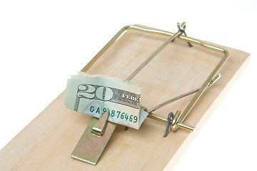 Image showing Folded $20 Twenty Dollar Bill in Mousetrap, Isolated White Backg