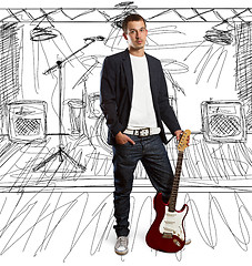 Image showing stylish man with guitar looking at camera