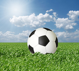 Image showing soccer ball in green grass and blue cloudly sky