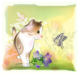 Image showing retro birthday greeting  card with little kitten watching at but