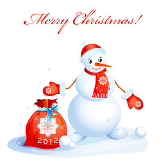 Image showing cute  smiling snowman   with red christmas sack 