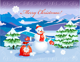 Image showing cute  smiling snowman   with red christmas sack 