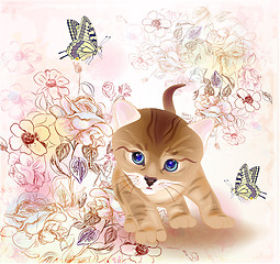 Image showing  retro birthday greeting  card with little tabby kitten ,flowers