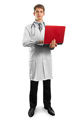 Image showing doctor male in suit with laptop in his hands