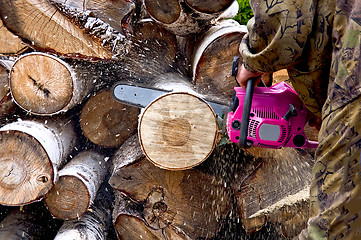 Image showing Firewood with chainsaw