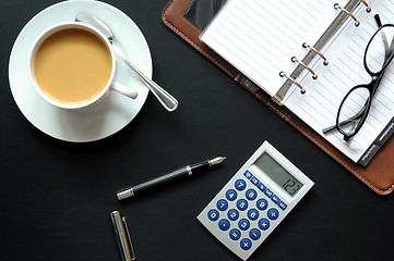 Image showing coffee pen phone and paper