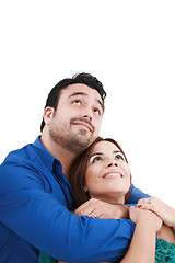 Image showing Closeup portrait of a happy  couple looking at something interes