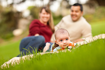 Image showing Happy Baby Boy and Mixed Race Parents Playing in the Park