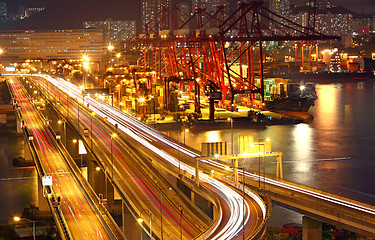 Image showing Overpass at night through the port