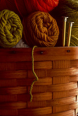 Image showing Wool yarn in a basket with knitting needles