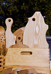 Image showing Wooden cutting boards and tools used in kitchen.