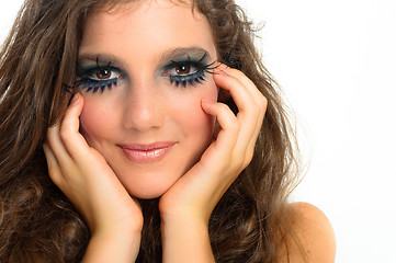 Image showing young beautiful girl with extreme makeup on white isolated backg