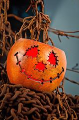 Image showing Halloween pumkin cought in the web of chains