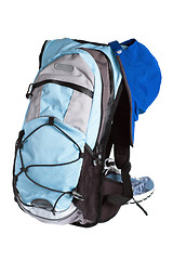 Image showing hiking equipment, rucksack ,boots  and Cap isolated on white