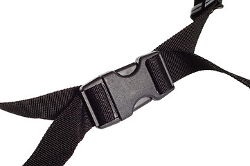 Image showing black plastic buckle on strap isolated on white 