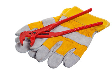 Image showing Working gloves and wrenches isolated on white 