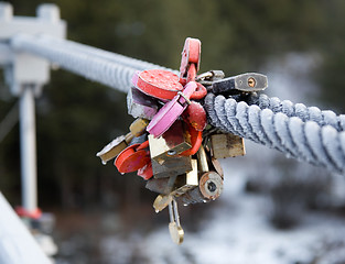 Image showing Symbolic locks on the railing of the bridge