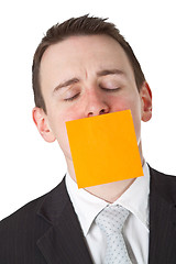 Image showing Businessman with a blank  adhesive note over his mouth