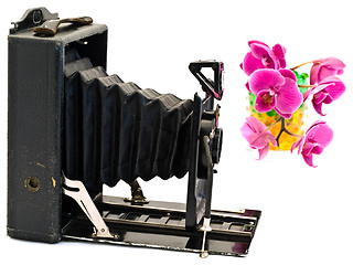 Image showing old camera and flowers 