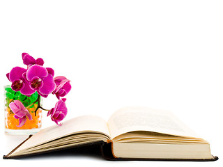 Image showing open book and  orchid