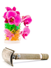 Image showing orchid in glass and shave razor