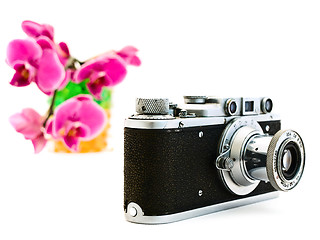 Image showing old photocamera and pink orchid 