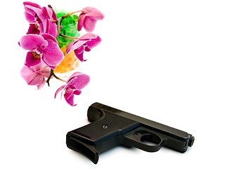 Image showing pink orchid and gun