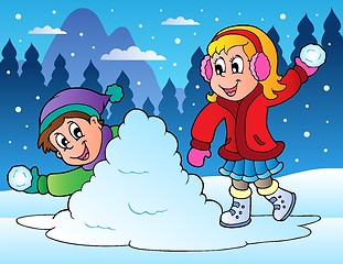 Image showing Two kids throwing snow balls