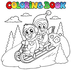 Image showing Coloring book penguins sledging