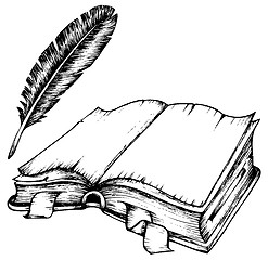 Image showing Drawing of opened book with feather