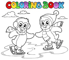 Image showing Coloring book skating penguins