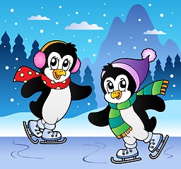 Image showing Winter scene with skating penguins