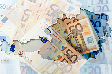Image showing Outline map of Austria with transparent euro banknotes in backgr