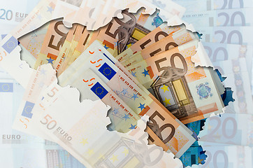 Image showing Outline map of Belgium with transparent euro banknotes in backgr
