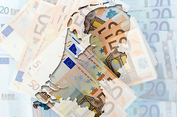 Image showing Outline map of Netherlands with transparent euro banknotes in ba