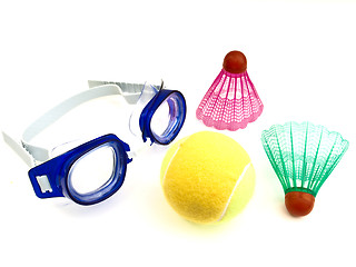 Image showing Swimming glasses tennis ball and shuttlecocks